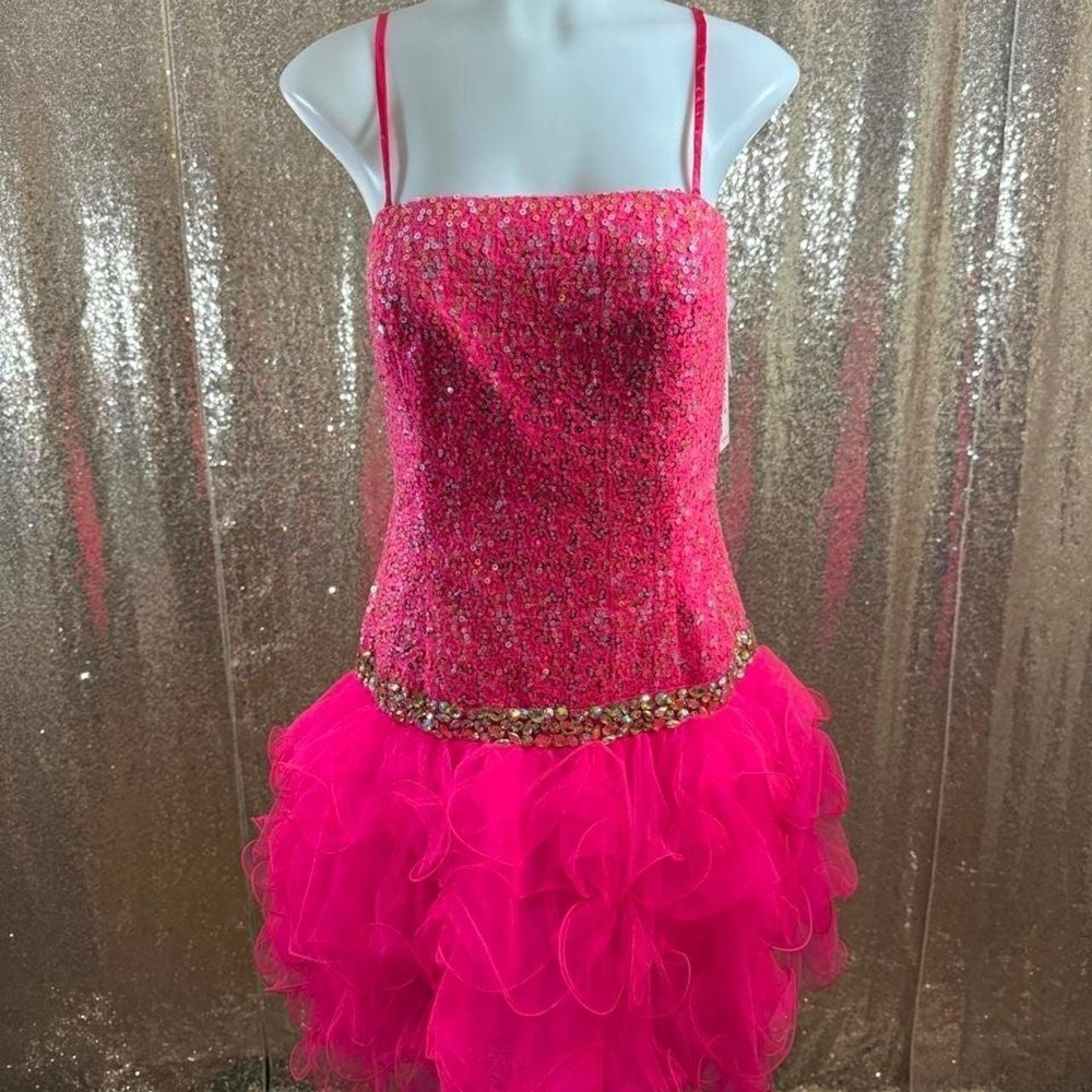 Poly USA Hot Pink Sequin Ruffle Mini Dress Homecoming Party Fuchsia/Size XL